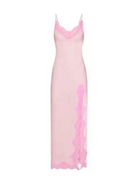 SKIMS Woven Shine Satin Lace Long Slip Dress Cherry Blossom
